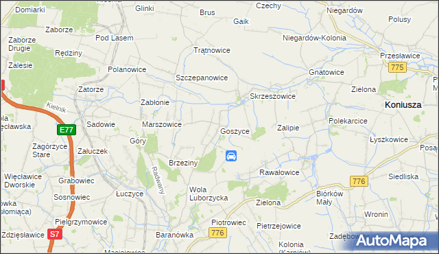 mapa Goszyce gmina Kocmyrzów-Luborzyca, Goszyce gmina Kocmyrzów-Luborzyca na mapie Targeo