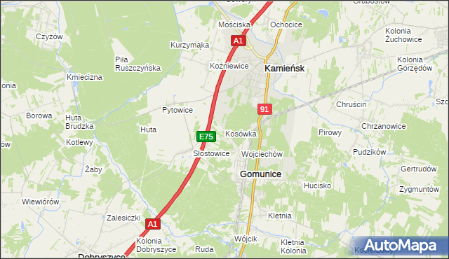 mapa Kosówka gmina Gomunice, Kosówka gmina Gomunice na mapie Targeo