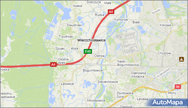 mapa Ostrów gmina Wierzchosławice, Ostrów gmina Wierzchosławice na mapie Targeo