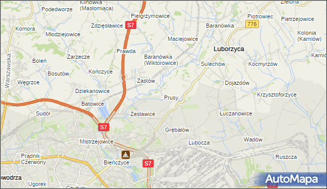 mapa Prusy gmina Kocmyrzów-Luborzyca, Prusy gmina Kocmyrzów-Luborzyca na mapie Targeo