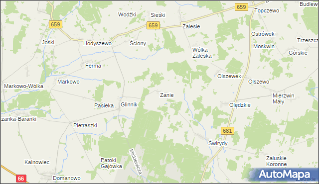 mapa Zanie gmina Brańsk, Zanie gmina Brańsk na mapie Targeo