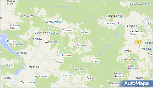 mapa Olszyny gmina Łęki Szlacheckie, Olszyny gmina Łęki Szlacheckie na mapie Targeo