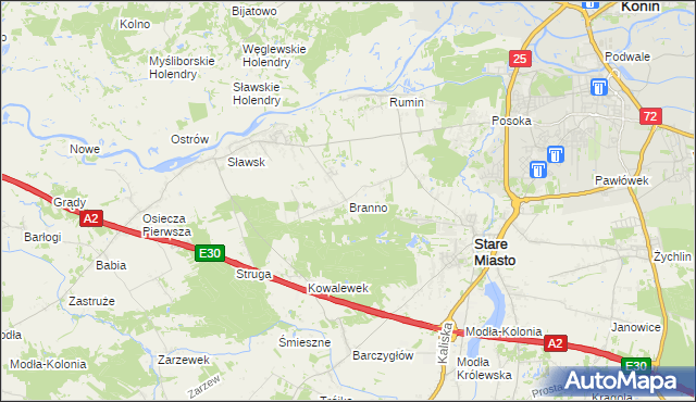 mapa Branno gmina Rzgów, Branno gmina Rzgów na mapie Targeo