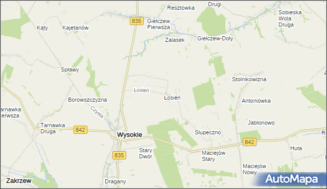 mapa Łosień gmina Wysokie, Łosień gmina Wysokie na mapie Targeo