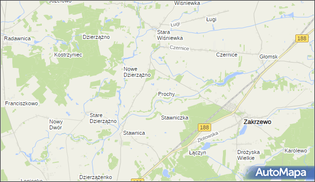 mapa Prochy gmina Zakrzewo, Prochy gmina Zakrzewo na mapie Targeo