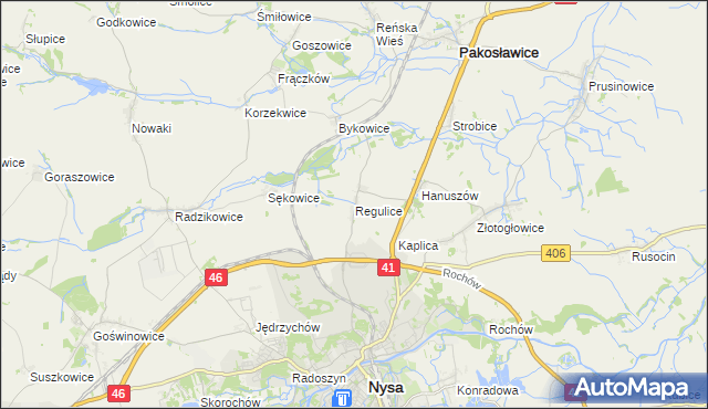 mapa Regulice gmina Nysa, Regulice gmina Nysa na mapie Targeo
