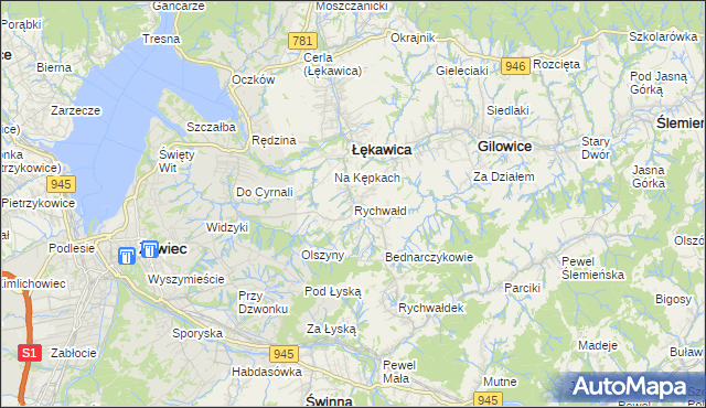 mapa Rychwałd gmina Gilowice, Rychwałd gmina Gilowice na mapie Targeo
