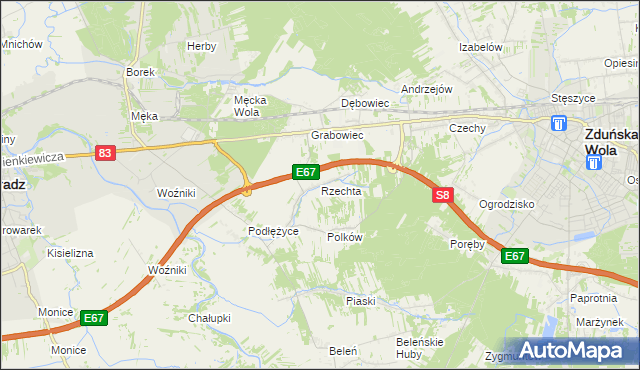 mapa Rzechta gmina Sieradz, Rzechta gmina Sieradz na mapie Targeo