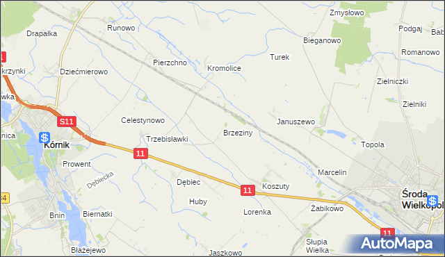 mapa Brzeziny gmina Środa Wielkopolska, Brzeziny gmina Środa Wielkopolska na mapie Targeo