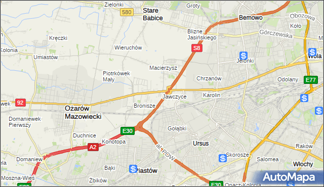 mapa Jawczyce gmina Ożarów Mazowiecki, Jawczyce gmina Ożarów Mazowiecki na mapie Targeo