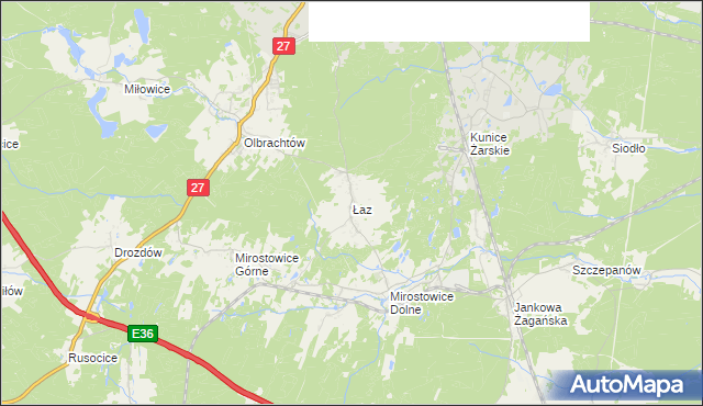 mapa Łaz gmina Żary, Łaz gmina Żary na mapie Targeo