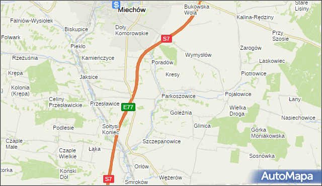 mapa Parkoszowice gmina Miechów, Parkoszowice gmina Miechów na mapie Targeo