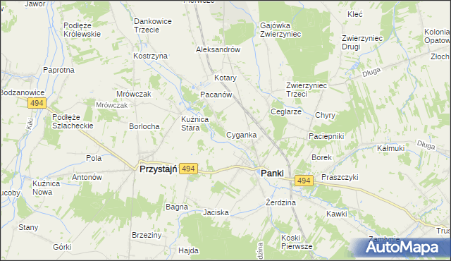 mapa Cyganka gmina Panki, Cyganka gmina Panki na mapie Targeo