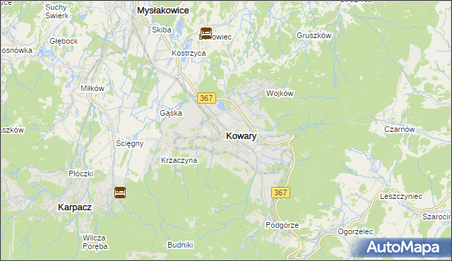 mapa Kowary powiat jeleniogórski, Kowary powiat jeleniogórski na mapie Targeo