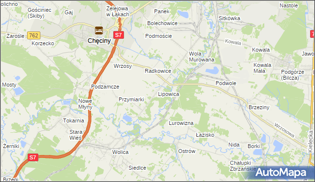 mapa Lipowica gmina Chęciny, Lipowica gmina Chęciny na mapie Targeo