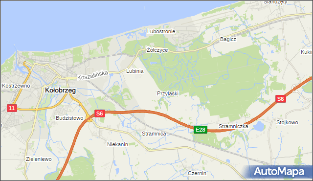 mapa Przylaski gmina Kołobrzeg, Przylaski gmina Kołobrzeg na mapie Targeo