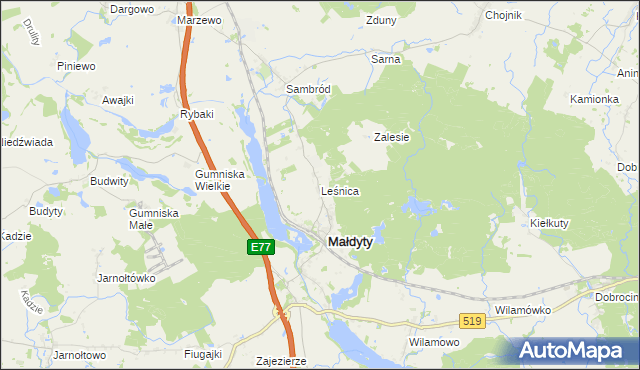 mapa Leśnica gmina Małdyty, Leśnica gmina Małdyty na mapie Targeo