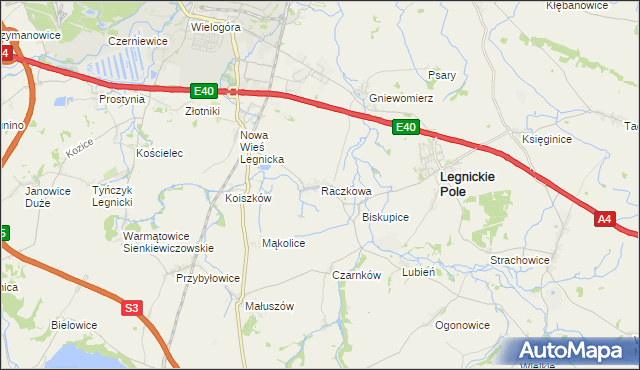 mapa Raczkowa gmina Legnickie Pole, Raczkowa gmina Legnickie Pole na mapie Targeo