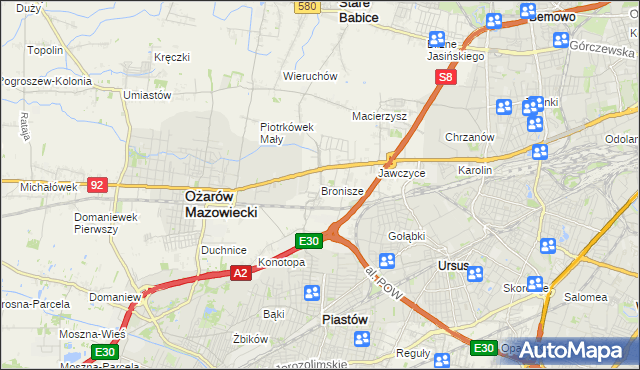 mapa Bronisze gmina Ożarów Mazowiecki, Bronisze gmina Ożarów Mazowiecki na mapie Targeo