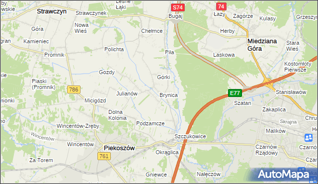 mapa Brynica gmina Piekoszów, Brynica gmina Piekoszów na mapie Targeo