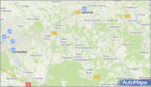 mapa Budy Michałowskie gmina Jaktorów, Budy Michałowskie gmina Jaktorów na mapie Targeo