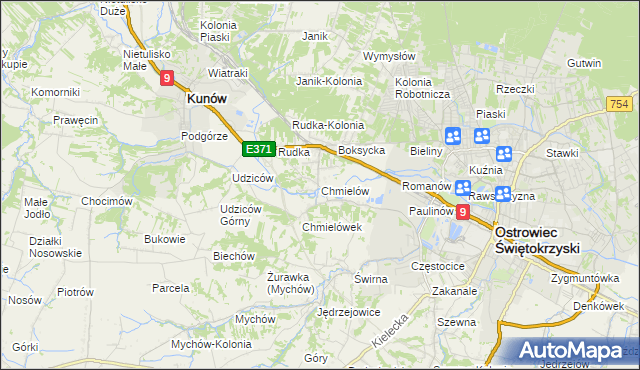 mapa Chmielów gmina Bodzechów, Chmielów gmina Bodzechów na mapie Targeo