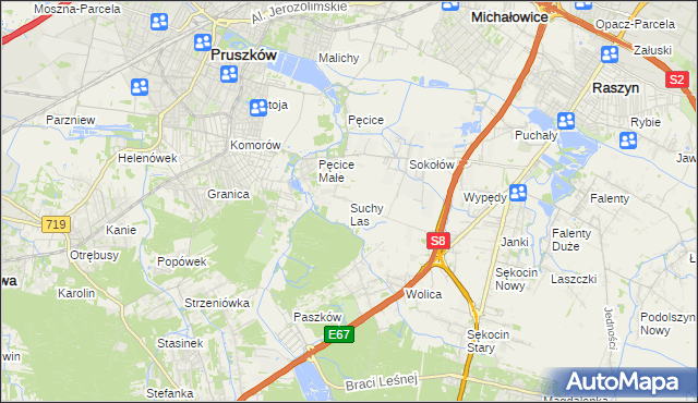mapa Suchy Las gmina Michałowice, Suchy Las gmina Michałowice na mapie Targeo