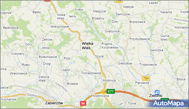 mapa Szyce gmina Wielka Wieś, Szyce gmina Wielka Wieś na mapie Targeo