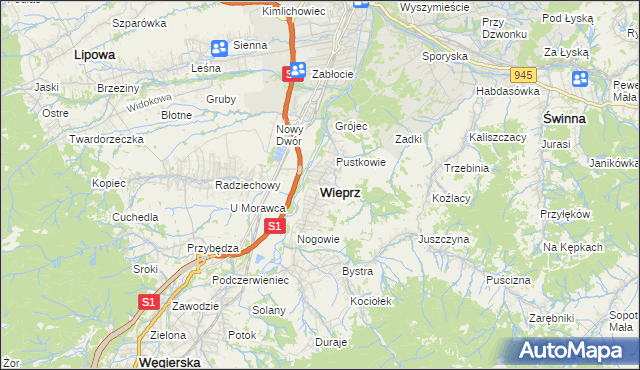 mapa Wieprz gmina Radziechowy-Wieprz, Wieprz gmina Radziechowy-Wieprz na mapie Targeo