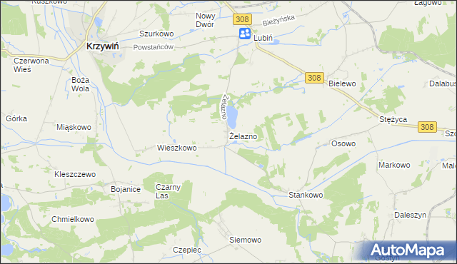 mapa Żelazno gmina Krzywiń, Żelazno gmina Krzywiń na mapie Targeo
