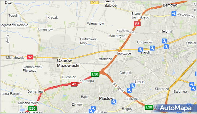 mapa Bronisze gmina Ożarów Mazowiecki, Bronisze gmina Ożarów Mazowiecki na mapie Targeo