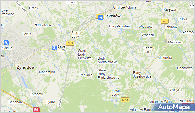 mapa Budy Michałowskie gmina Jaktorów, Budy Michałowskie gmina Jaktorów na mapie Targeo