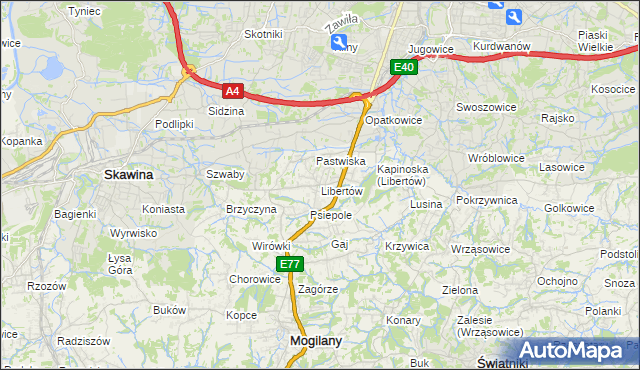 mapa Libertów gmina Mogilany, Libertów gmina Mogilany na mapie Targeo