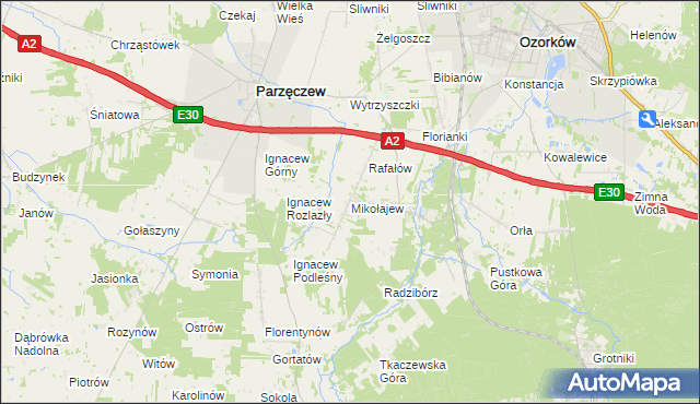 mapa Mikołajew gmina Parzęczew, Mikołajew gmina Parzęczew na mapie Targeo