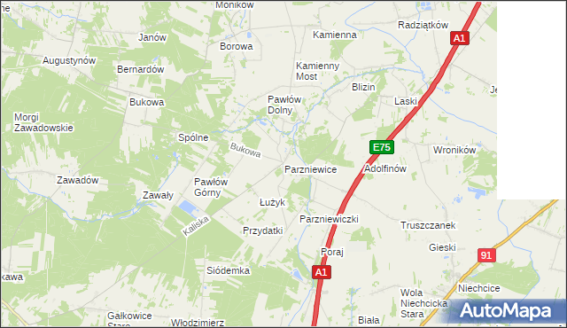 mapa Parzniewice, Parzniewice na mapie Targeo