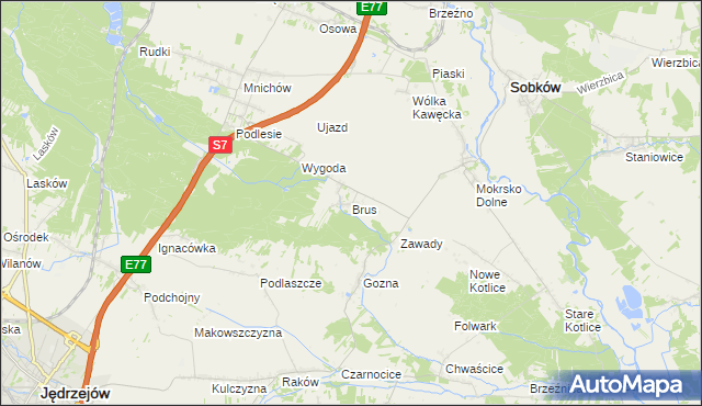 mapa Brus gmina Jędrzejów, Brus gmina Jędrzejów na mapie Targeo