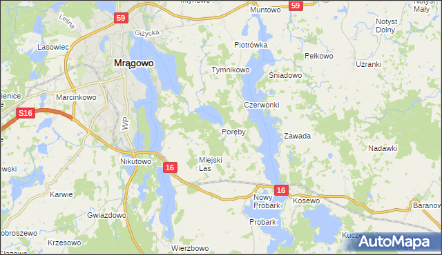 mapa Poręby gmina Mrągowo, Poręby gmina Mrągowo na mapie Targeo