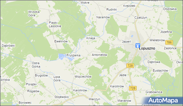 mapa Antonielów gmina Łopuszno, Antonielów gmina Łopuszno na mapie Targeo