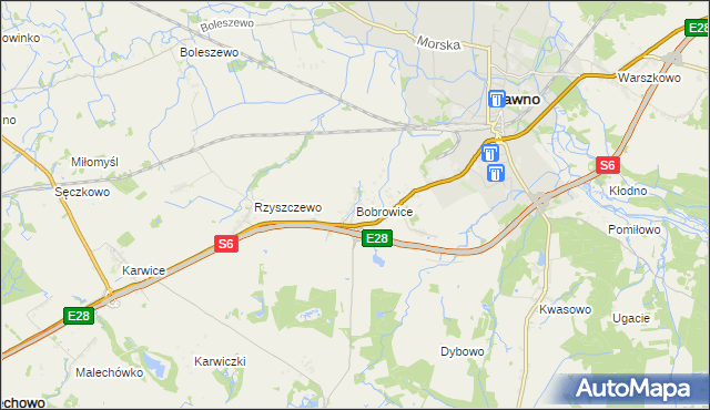 mapa Bobrowice gmina Sławno, Bobrowice gmina Sławno na mapie Targeo