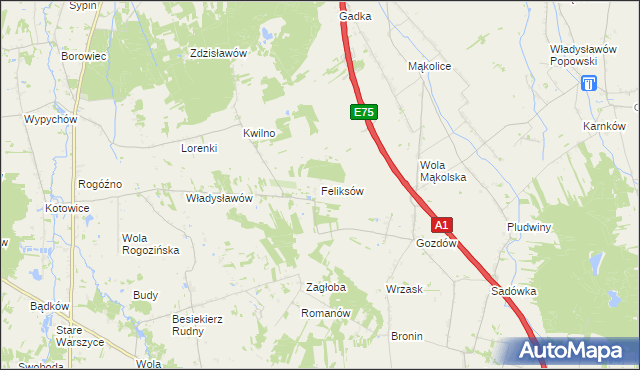 mapa Feliksów gmina Głowno, Feliksów gmina Głowno na mapie Targeo