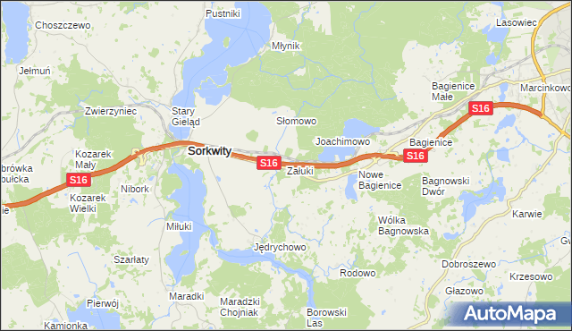 mapa Załuki gmina Sorkwity, Załuki gmina Sorkwity na mapie Targeo