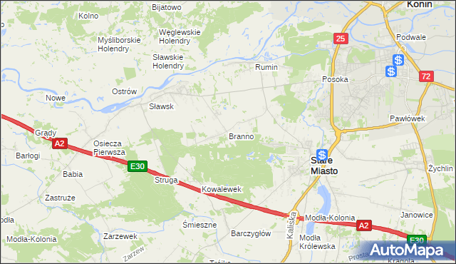 mapa Branno gmina Rzgów, Branno gmina Rzgów na mapie Targeo