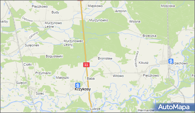 mapa Bronisław gmina Krzykosy, Bronisław gmina Krzykosy na mapie Targeo