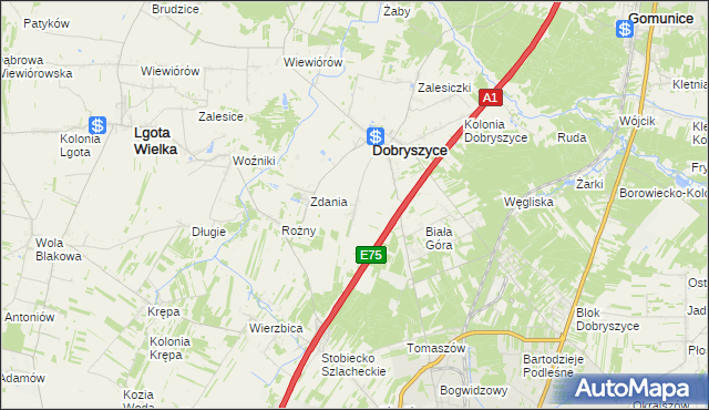 mapa Galonki gmina Dobryszyce, Galonki gmina Dobryszyce na mapie Targeo