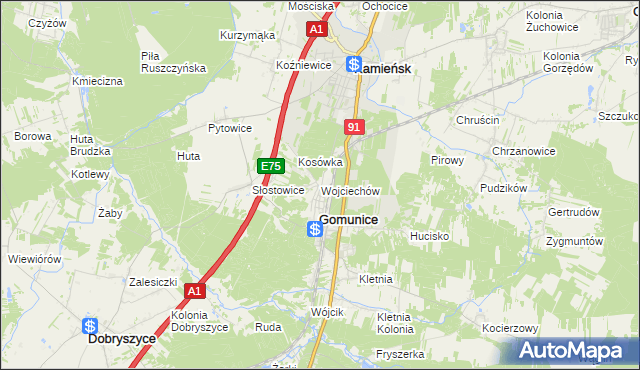 mapa Wojciechów gmina Gomunice, Wojciechów gmina Gomunice na mapie Targeo