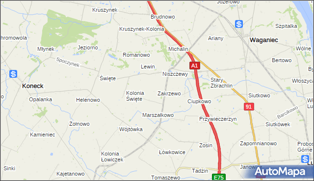 mapa Zakrzewo gmina Waganiec, Zakrzewo gmina Waganiec na mapie Targeo