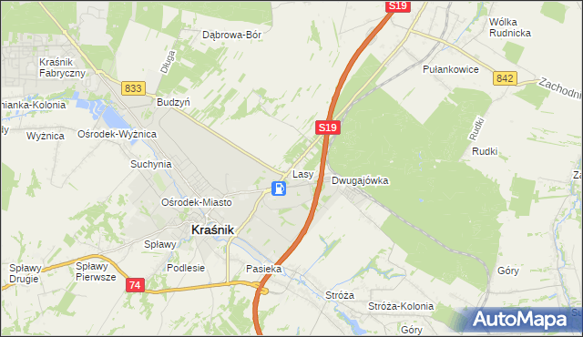 mapa Lasy gmina Kraśnik, Lasy gmina Kraśnik na mapie Targeo