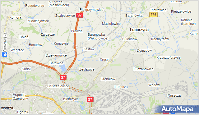 mapa Prusy gmina Kocmyrzów-Luborzyca, Prusy gmina Kocmyrzów-Luborzyca na mapie Targeo