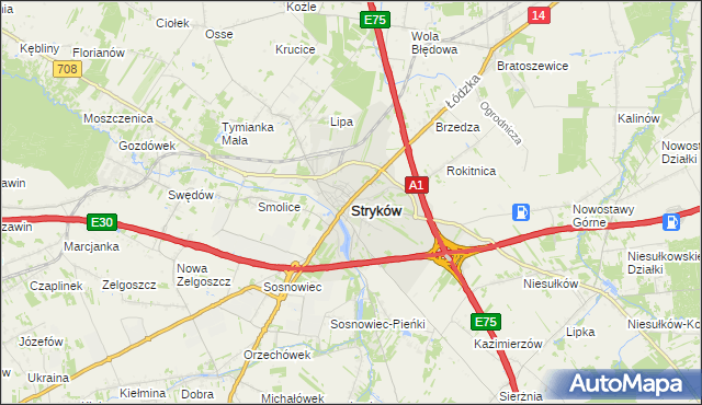 mapa Stryków powiat zgierski, Stryków powiat zgierski na mapie Targeo