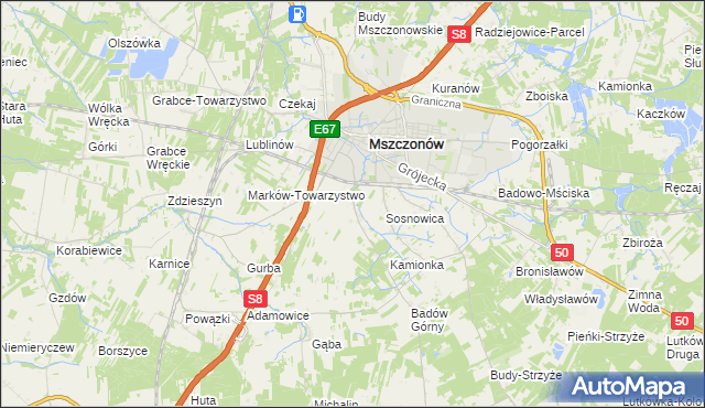 mapa Wymysłów gmina Mszczonów, Wymysłów gmina Mszczonów na mapie Targeo